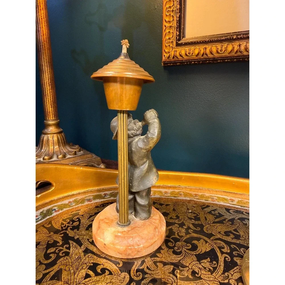 Vintage‎ 1940s Figural Oil Lamp | Drinking Man on Onyx Base | Brass Reservoir